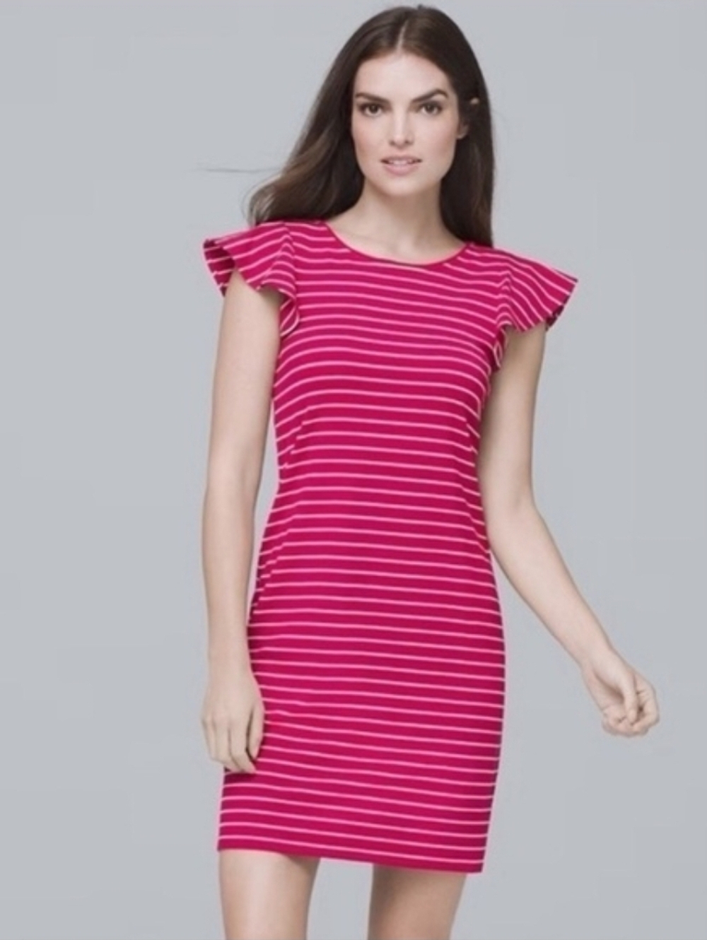 White House Black Market, Flounce-Sleeve Stripe Knit Shift Dress, Size M